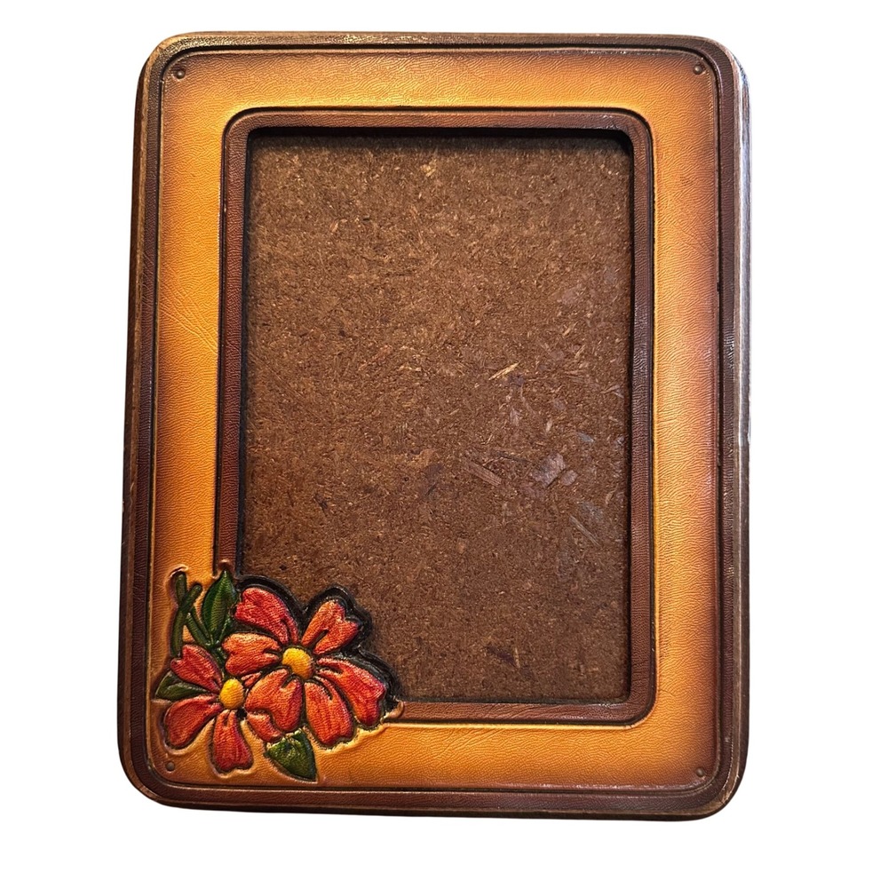 Wallace Berrie Cork Frame 5x7 Brown Tooled Floral 1978 Made in Taiwan Vintage